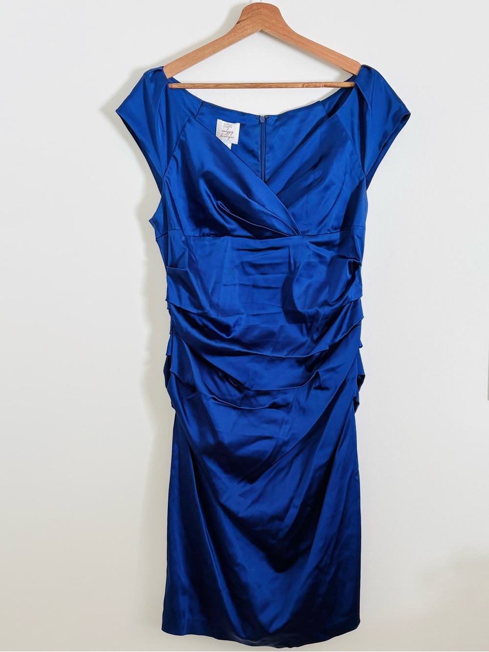 Suzi Chin for Maggy Boutique Satin Ruched Sheath Dress in Blue